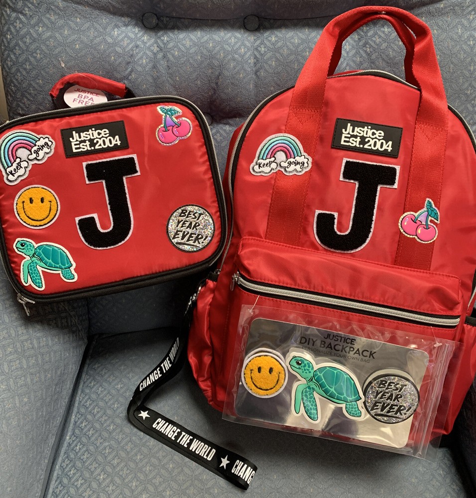 JUSTICE RED BACKPACK/LUNCHBOX/LANYARD INITIAL (E,J) PATCHES DIY SUPER CUTE!!