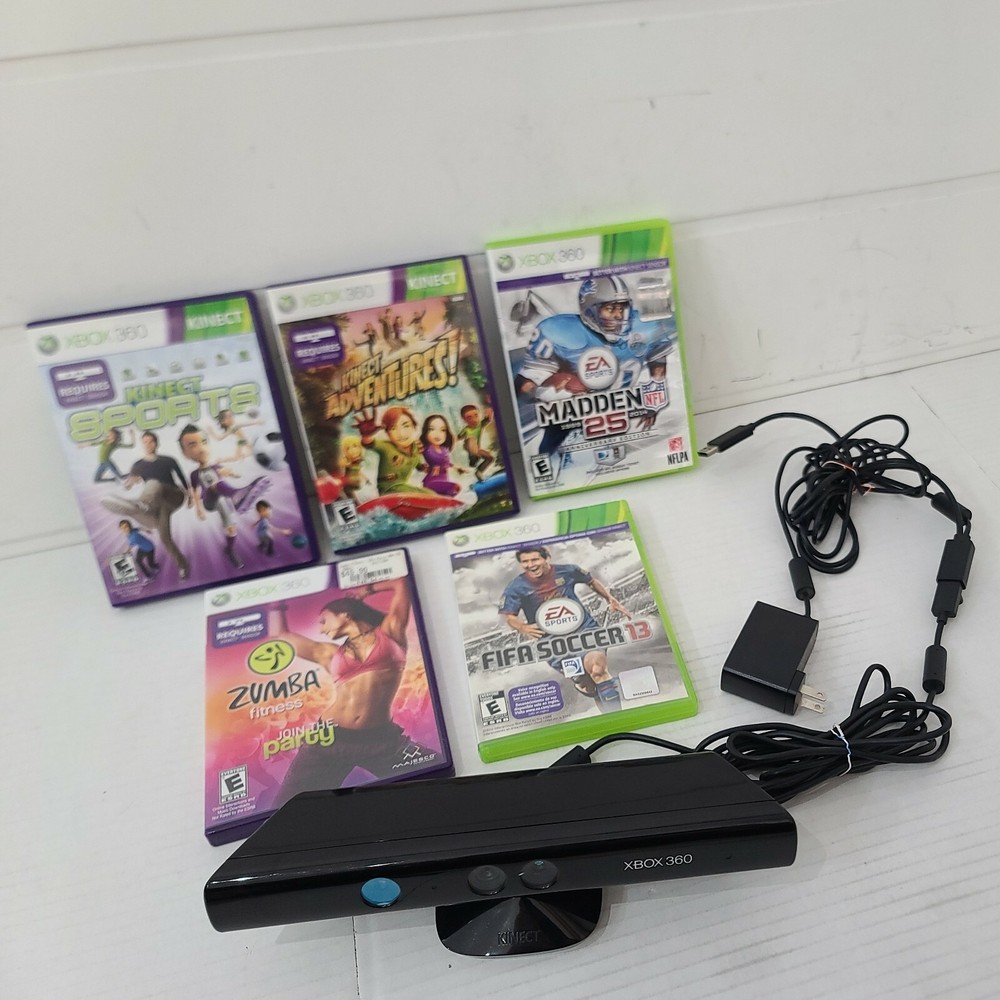 Microsoft 1414 Xbox 360 Kinect Sensor Bar + power cable Bundle + 5 Games TESTED