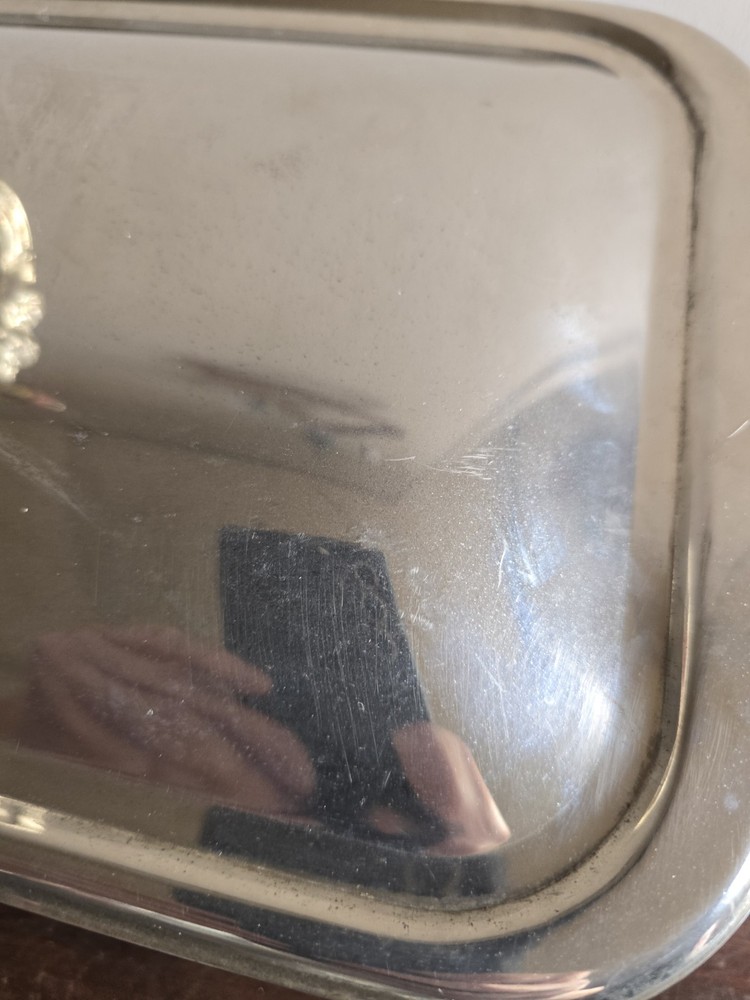 VTG Silver Plated Square Footed Buffet Casserole Dish Holder W/Lid & Glass Pan