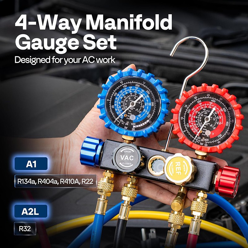 AC Manifold Gauge Set 4 Way For R134a R410a R22 R32 Refrigerat with 5ft Hoses