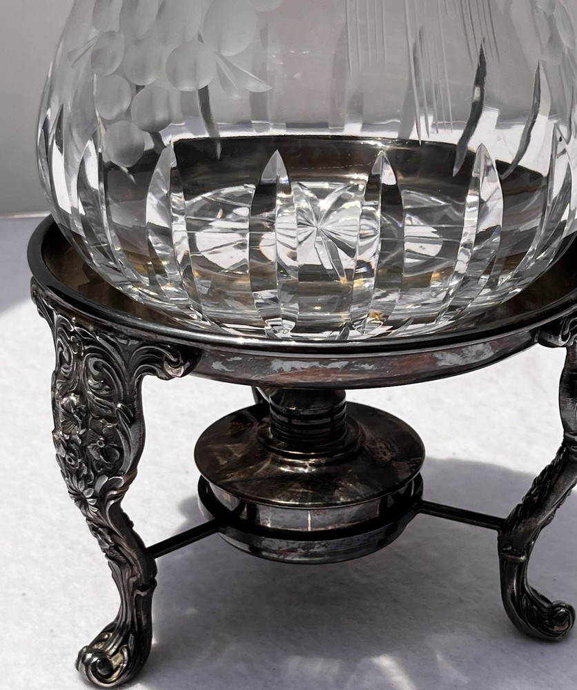 Vintage Cut Glass Pitcher Silverplate Stand Burner Grapes Pattern 11” Great