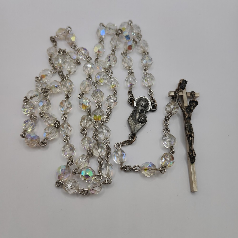 VINTAGE ROSARY, AURORA BOREALIS CLEAR BEADS, 30", ITALY