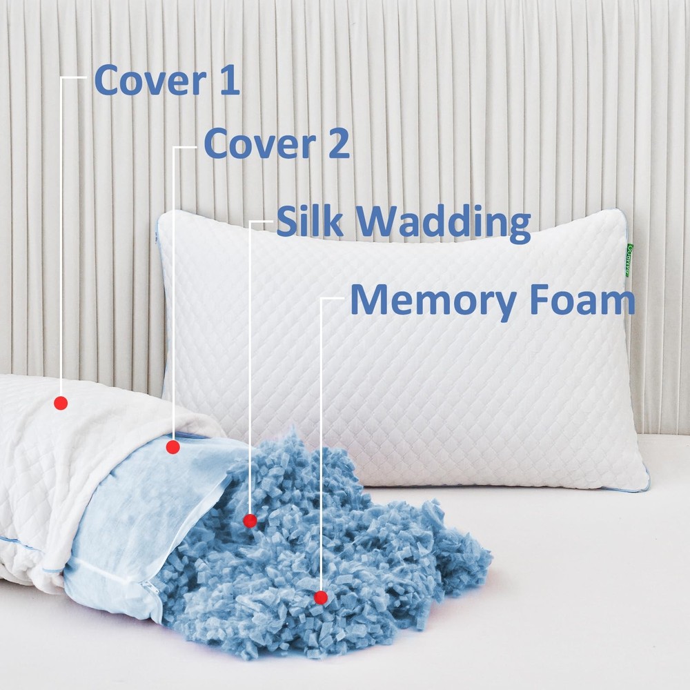 Shredded Memory Foam Pillows for Sleeping 2 Pack - Cooling Bed Pillows Standa...
