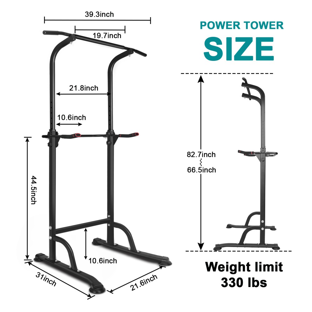 Power Tower Dip Station - Adjustable Height Heavy Duty Multi-Function Gym