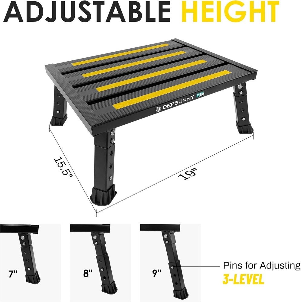 Adjustable Height Aluminum RV Step Stable Foldable Platform Step Stool 1,000lb