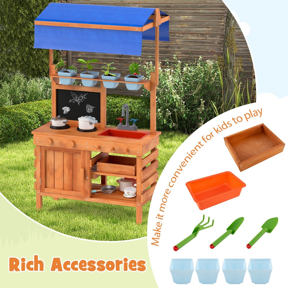 Mud Kitchen Wooden Pretend Play Kitchen w/ Height Adjustable Canopy
