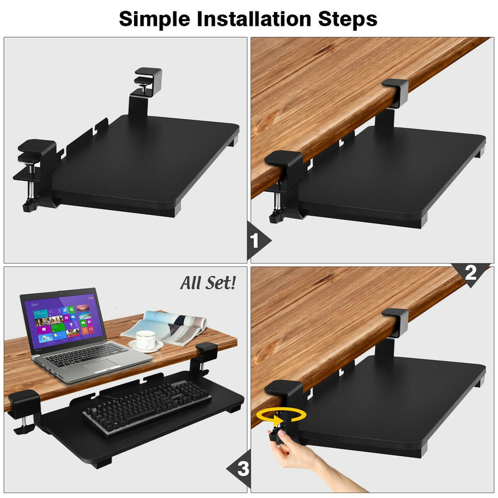 Keyboard Tray Under Desk Clamp-On Retractable Platform Computer Drawer