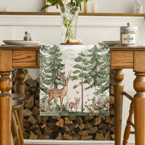 Forest Deer Bunny Spring Table Runner, Seasonal Summer Kitchen Dining Table