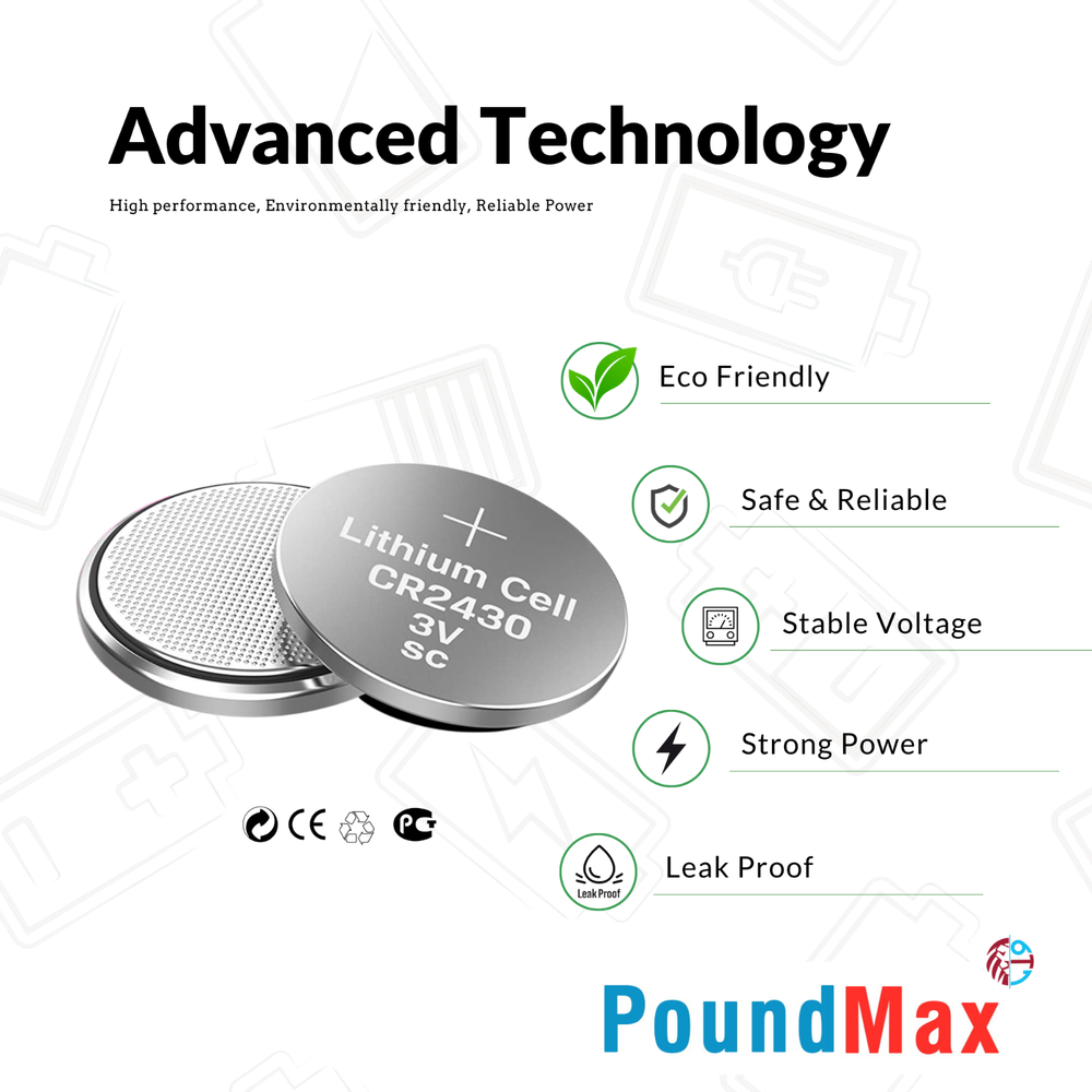 PoundMax CR2430 Batteries 3v Lithium Button Cell Battery Combo Pack - 5 Count