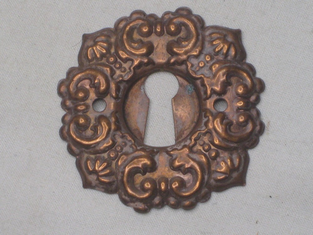 1 antique escutcheon skeleton key type cover plate pressed copper hardware