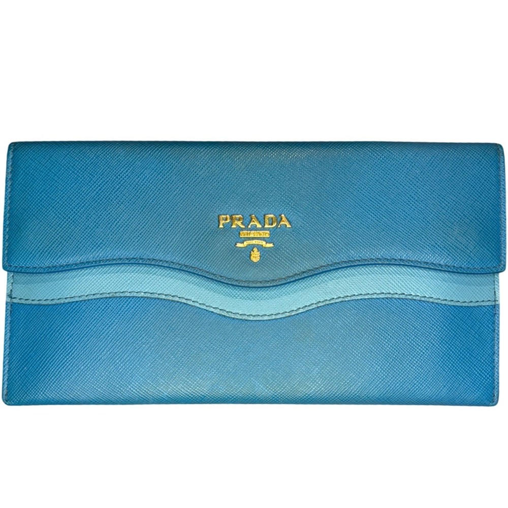 Authentic Prada Saffiano Wave Blue Leather Long Flap Wallet Celeste Voya