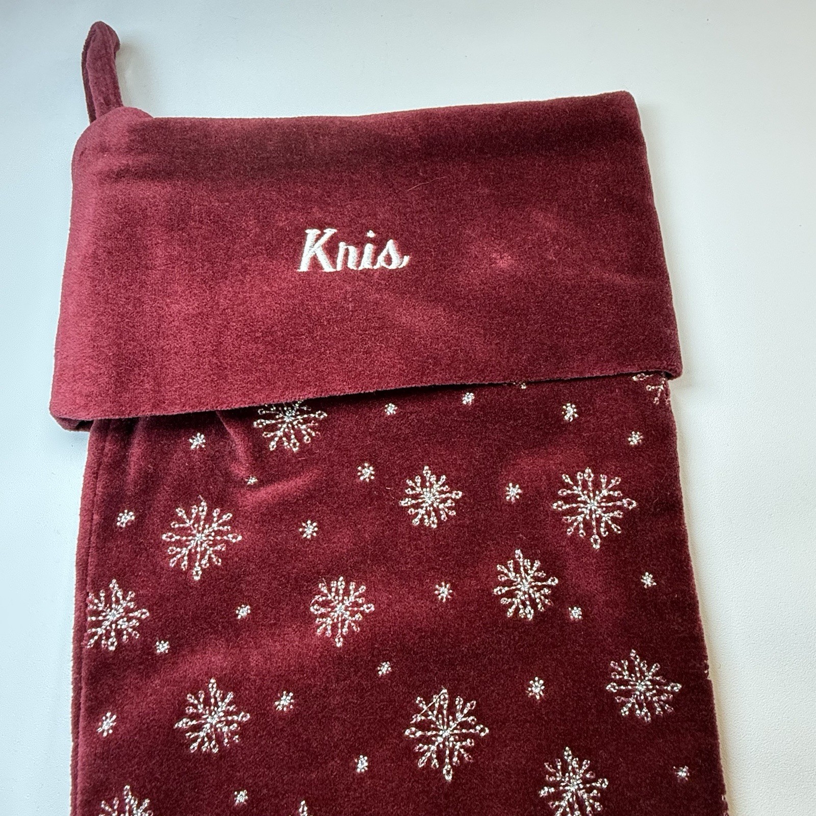 Lands End Burgundy Christmas Stocking Snowflakes Velvet Embroidered Name KRIS