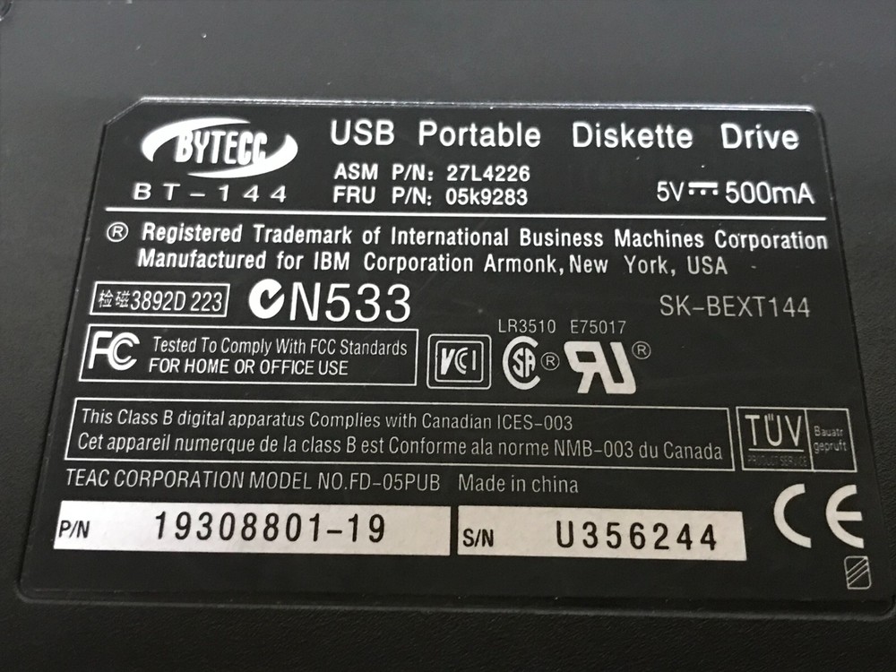 BYTECC BT-144 Slim USB 12Mbps Wired Portable External Floppy Disk Drive - New