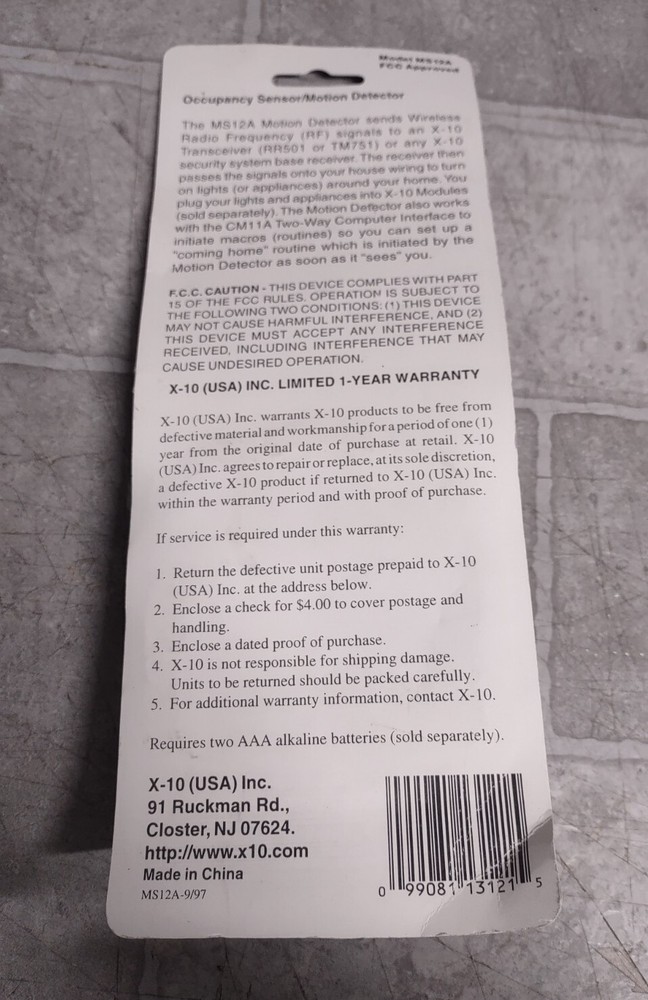 X10 Activehome MS12A Occupancy Sensor/Motion Detector