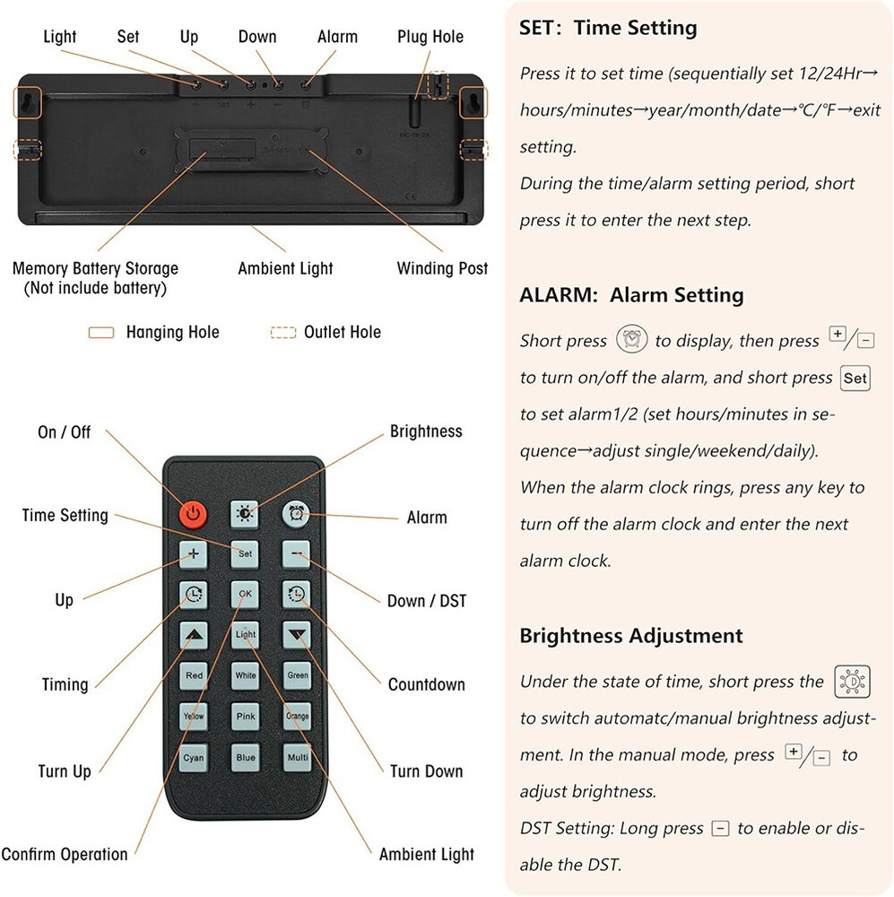 16-Inch Big Digital LED Wall Clock with Timer, Date, Temperature