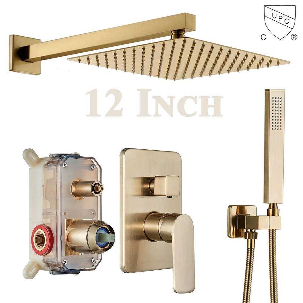 Brushed Gold Shower Faucet Set 12"Rainfall Head System With Valve kit Wall Mount