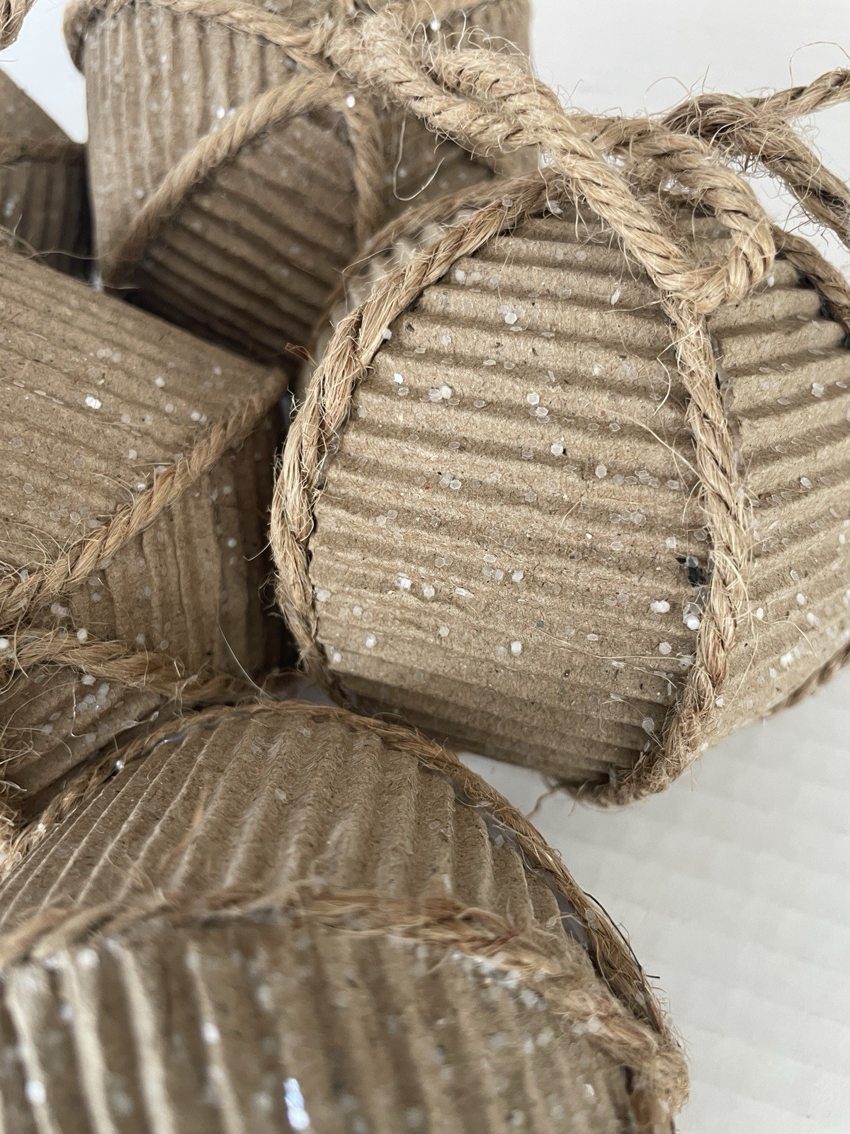 Tan Natural Corrugated & Twine Jute Ball Ornaments Lot Of 6 Glitter Boho Rustic