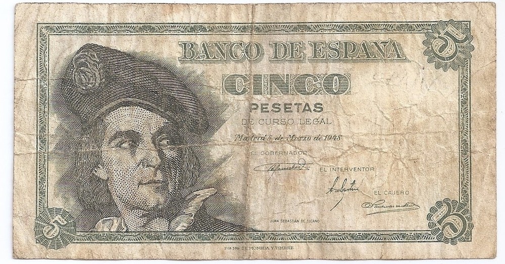 Spain 5 pesetas 1948 J.C.  Elcano