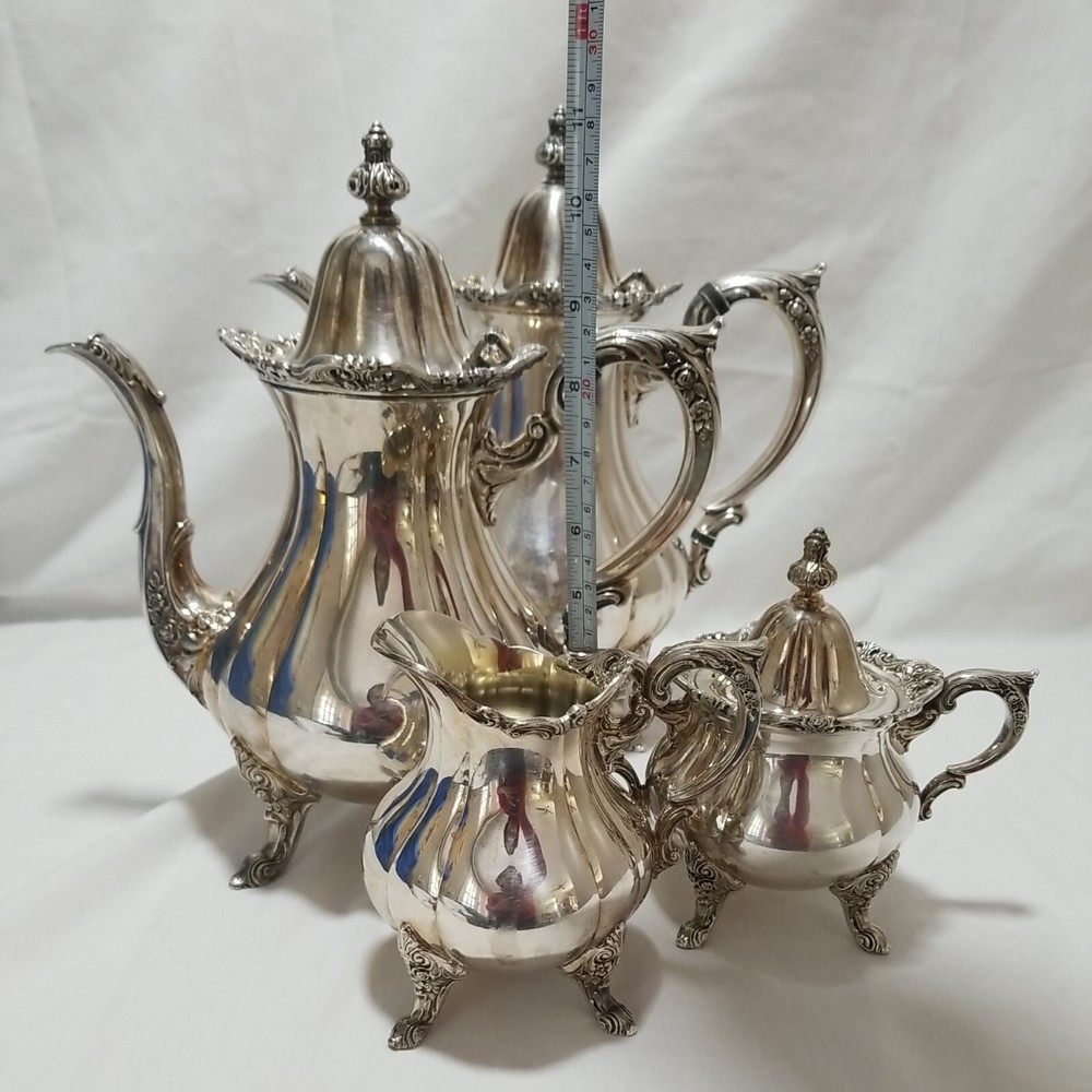 Wallace Silver Plate Coffee, Tea Set 5 Piece Large Tray 28½" Rosepoint Pattern