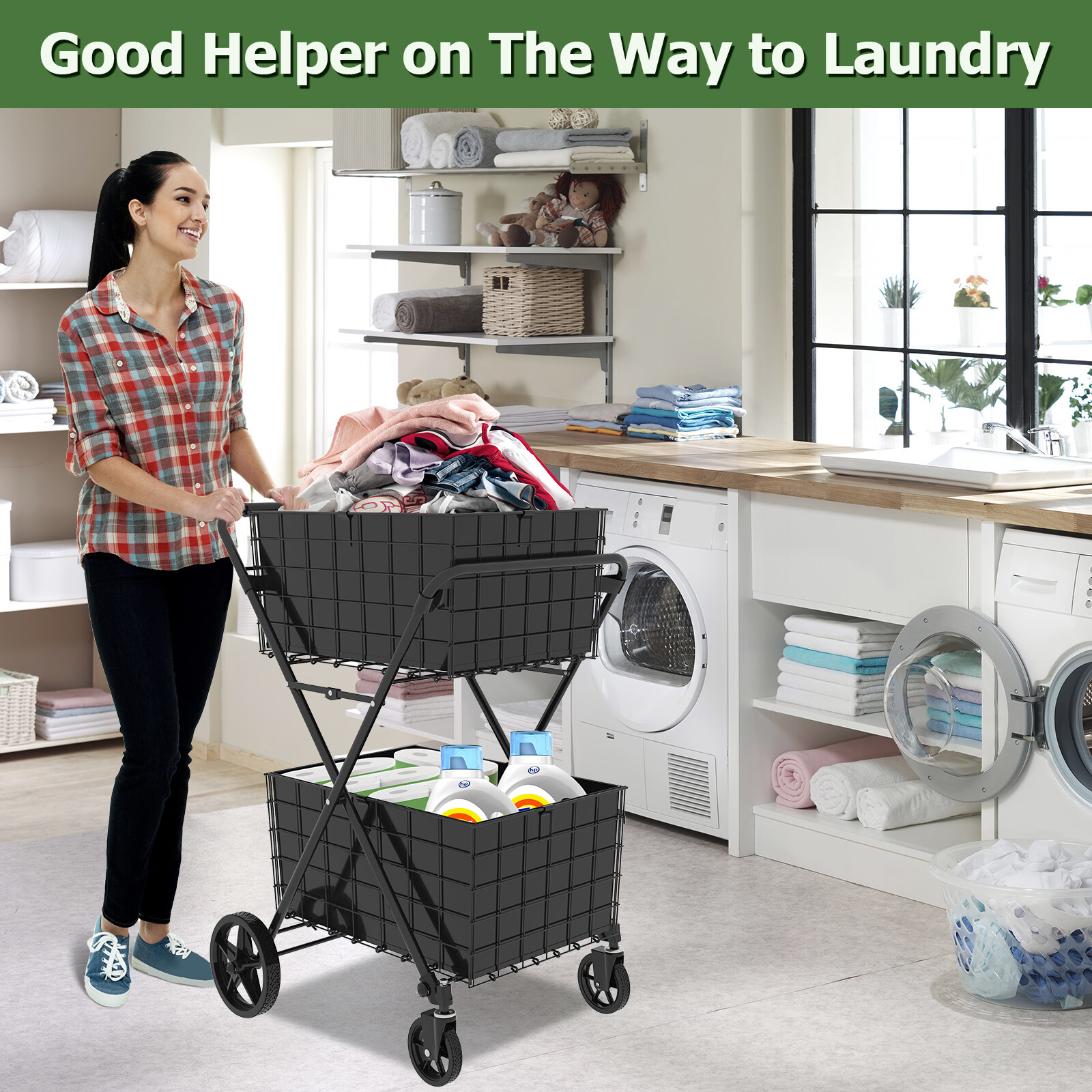 2-Tier Shopping Cart Foldable Grocery Cart Wheels Removable Storage Basket