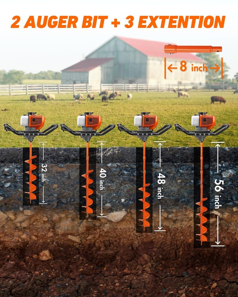 NEO-TEC 63CC Post Hole Digger Auger Drill Gas Powered 2-Stroke 6" 10" Drill Bits