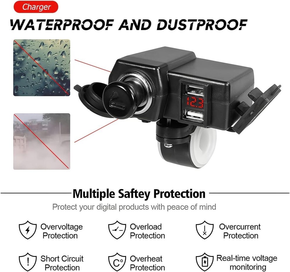 Waterproof Motorcycle Handlebar Dual USB Phone Charger Cigarette Lighter Socket