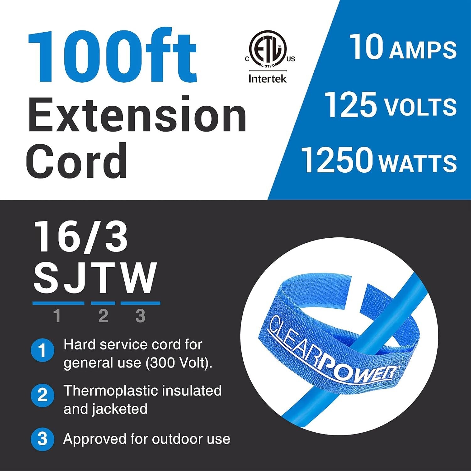 100 Ft Extreme Cold Weather Outdoor Extension Cord, Lighted End, 16/3 SJTW