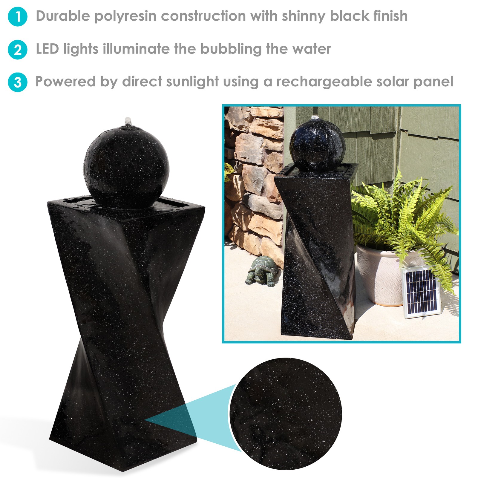 Black Ball Solar Water Fountain with Battery/LED Lights - 30 in by Sunnydaze