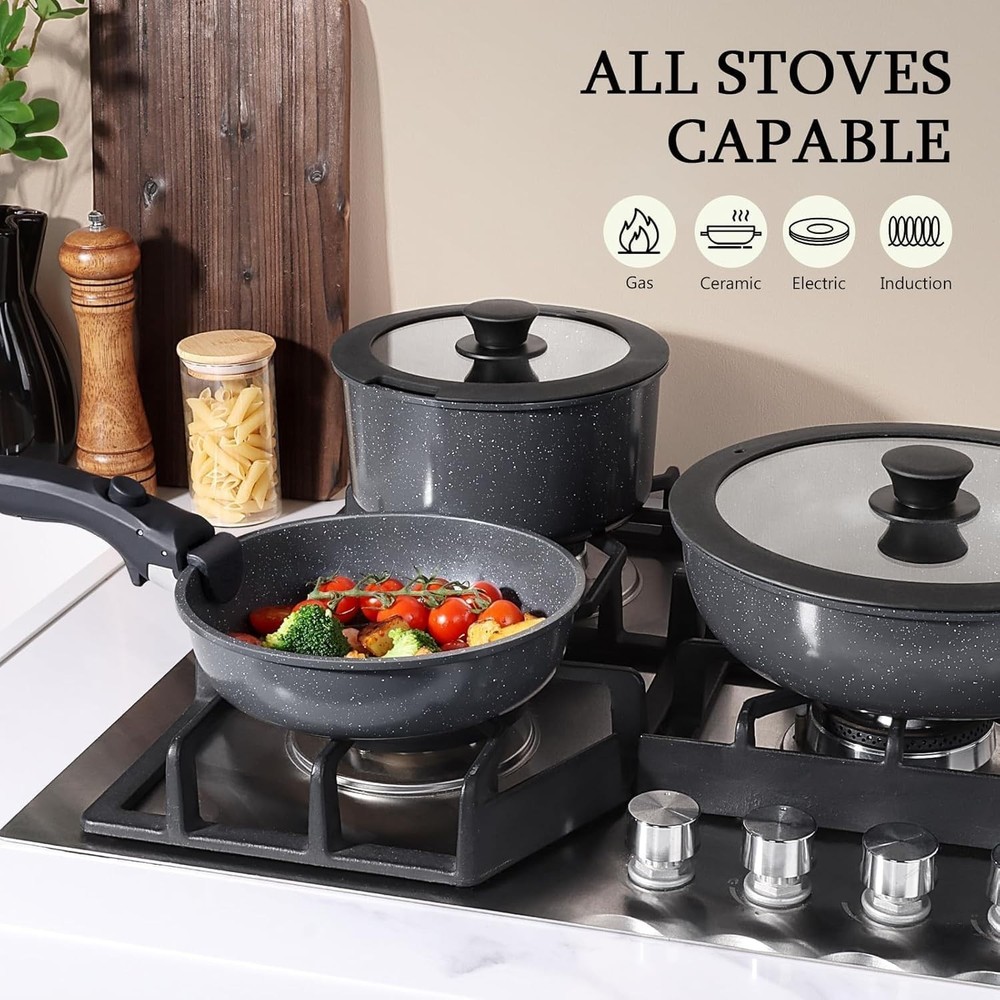Versatile Induction Compatible Cookware Set with Removable Handles & Lids