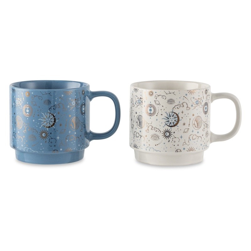 Stacking Celestial Mugs Set 2 Cosmic Pattern Stoneware Coffee Tea Cups New
