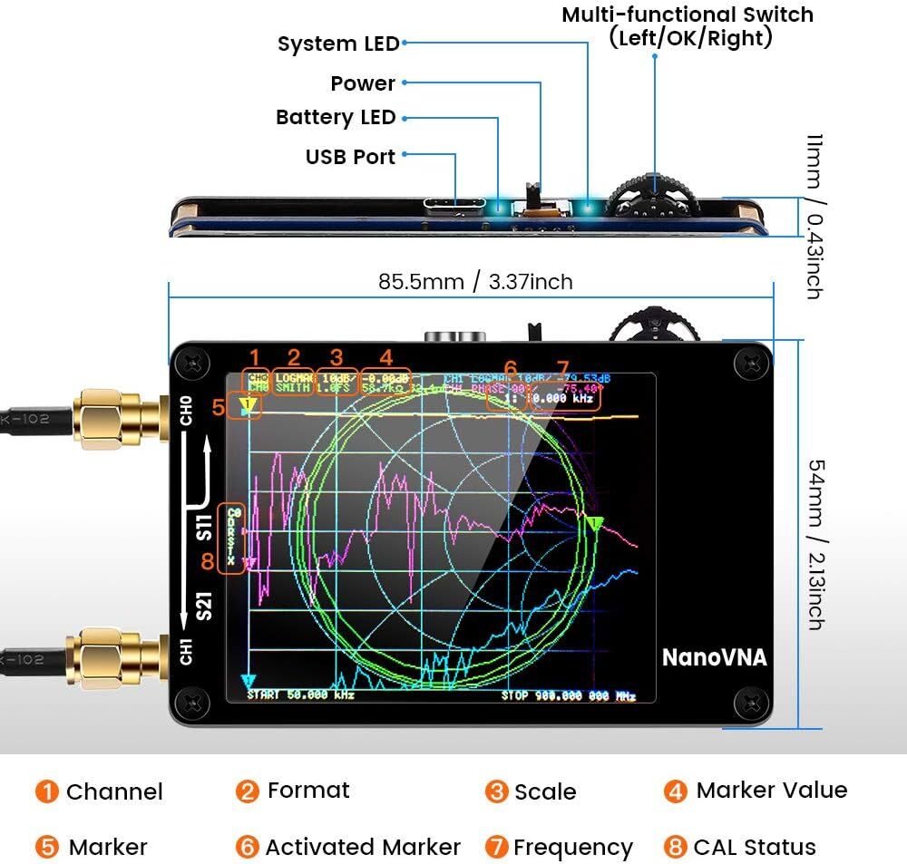 Nano VNA Vector Network Analyzer 50KHz-900MHz Antenna Analyzer 2.8" Touch Screen