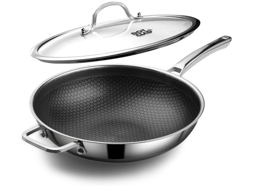 12" Hybrid Stainless Steel Nonstick Wok Pan w/Lid Induction Stir Fry HexClad