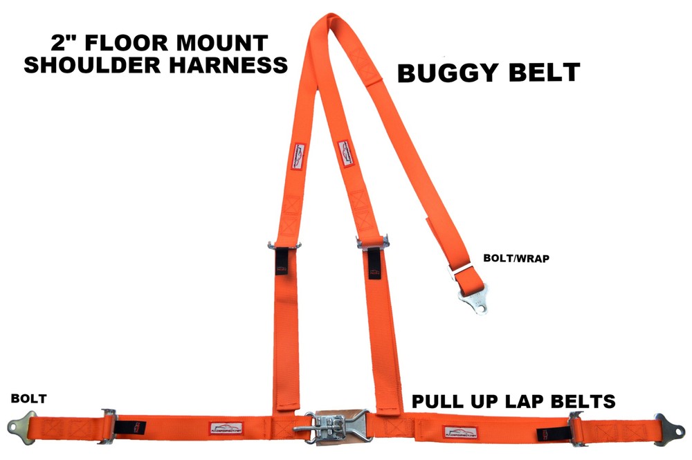 THREE POINT SEAT BELT RACE HARNESS 2" LATCH & LINK PULL UP FLOOR MOUNT ORANGE