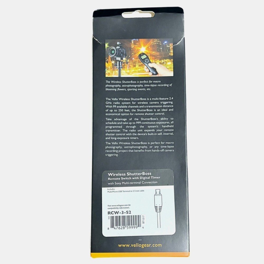 Vello Wireless ShutterBoss Remote Switch Digital Timer RCW-3-S2 Sony Multi-Termi