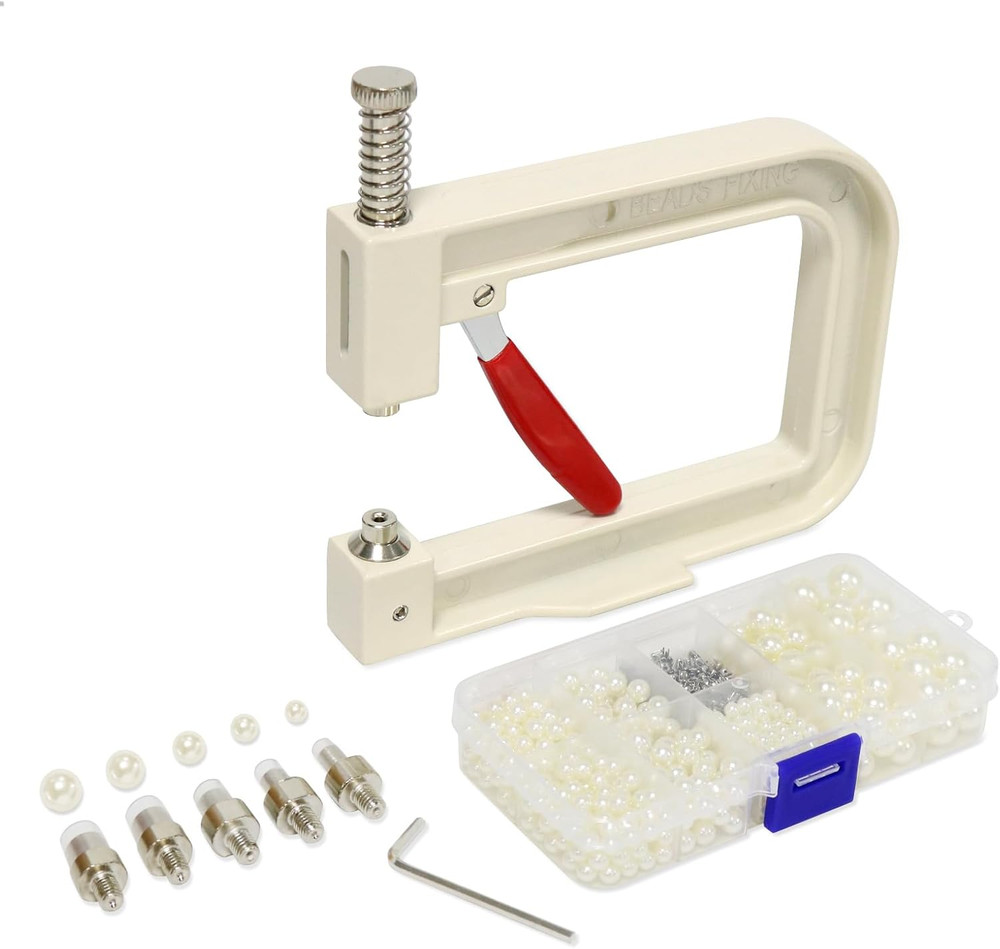 Pearl Setting Machine, Pearl Hand Press Tools with White Pearl Beads, Rivet Stud
