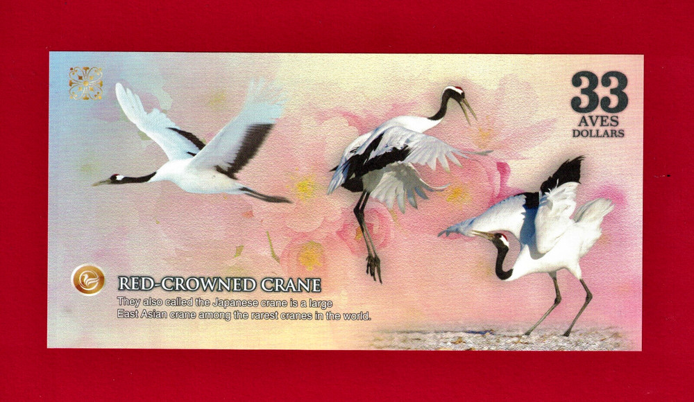 ATLANTIC FOREST 33 AVES DOLLARS 2017 "RED-CROWN CRANE" UNC FANCY / BINOMIAL NOTE