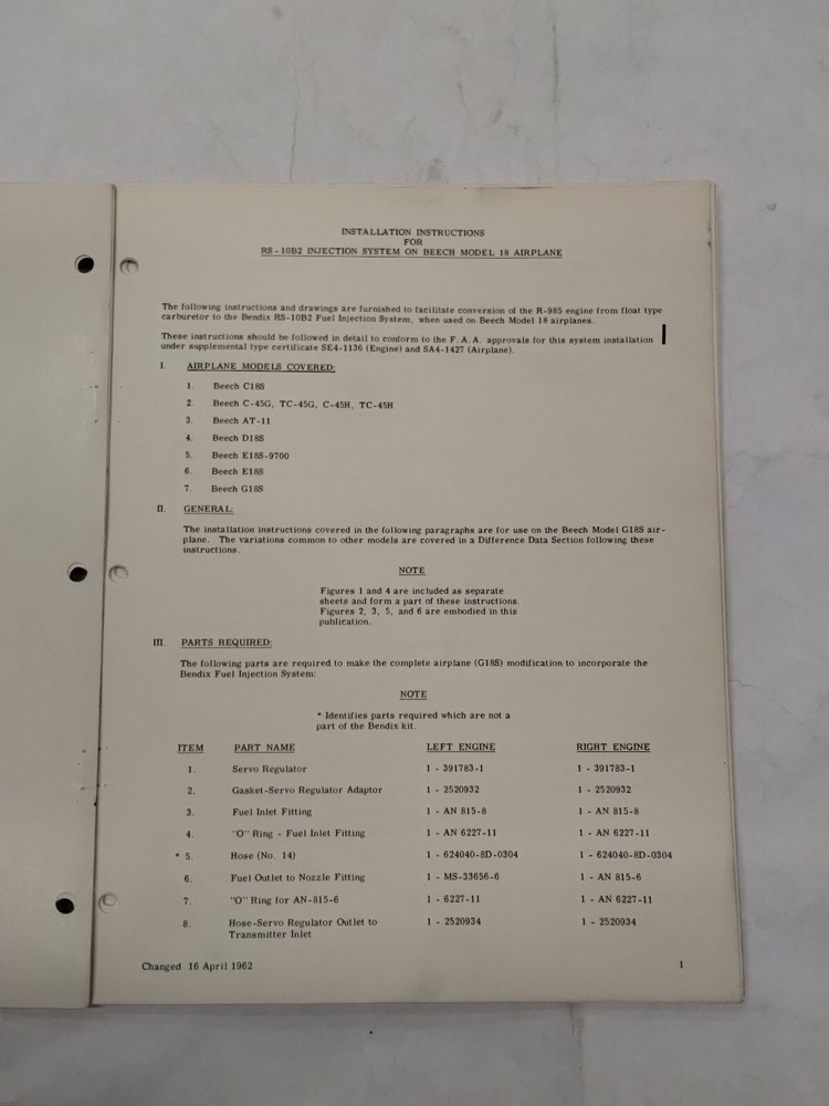 Bendix Model RS-10B2 Fuel Injection System Installation Instructions-Original