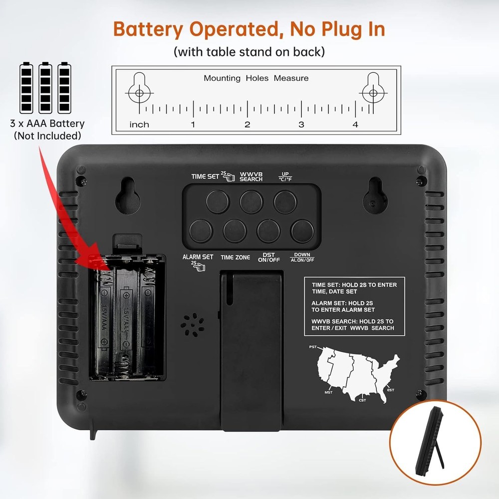 Battery-Powered Digital Atomic Clock - Large LCD, Weatherproof & Alarm Function