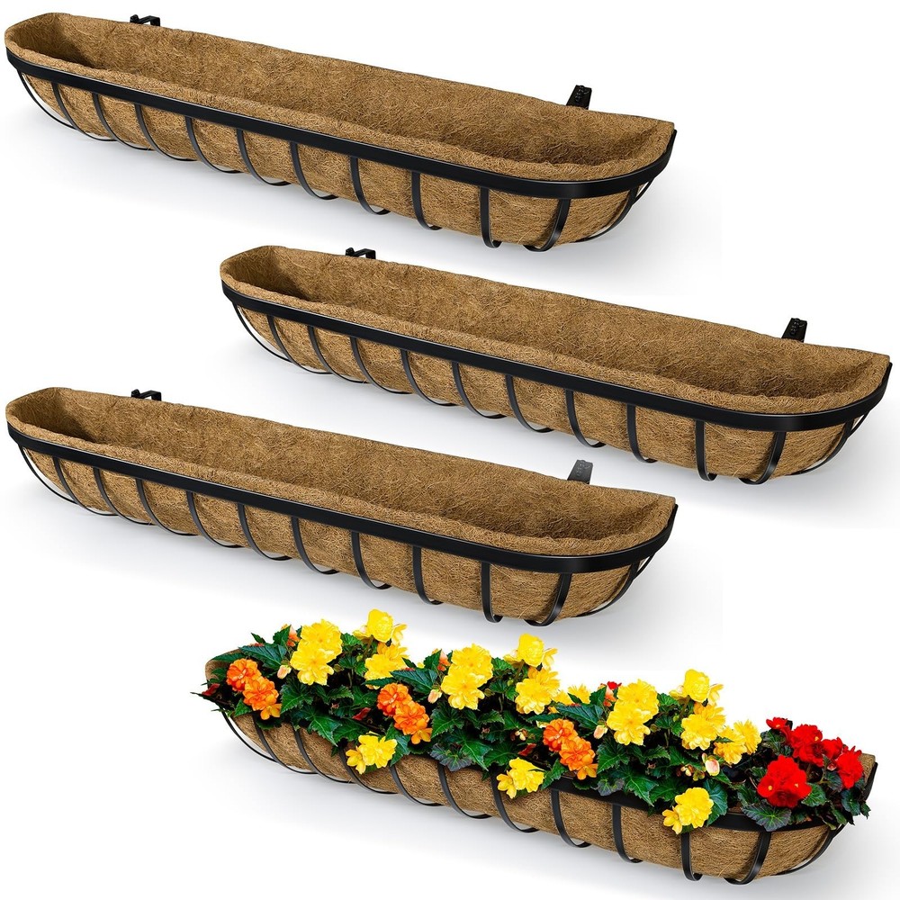 4 Pack 36 Inch Window Deck Railing Planter Boxes with Coconut Liner, Large Ha...