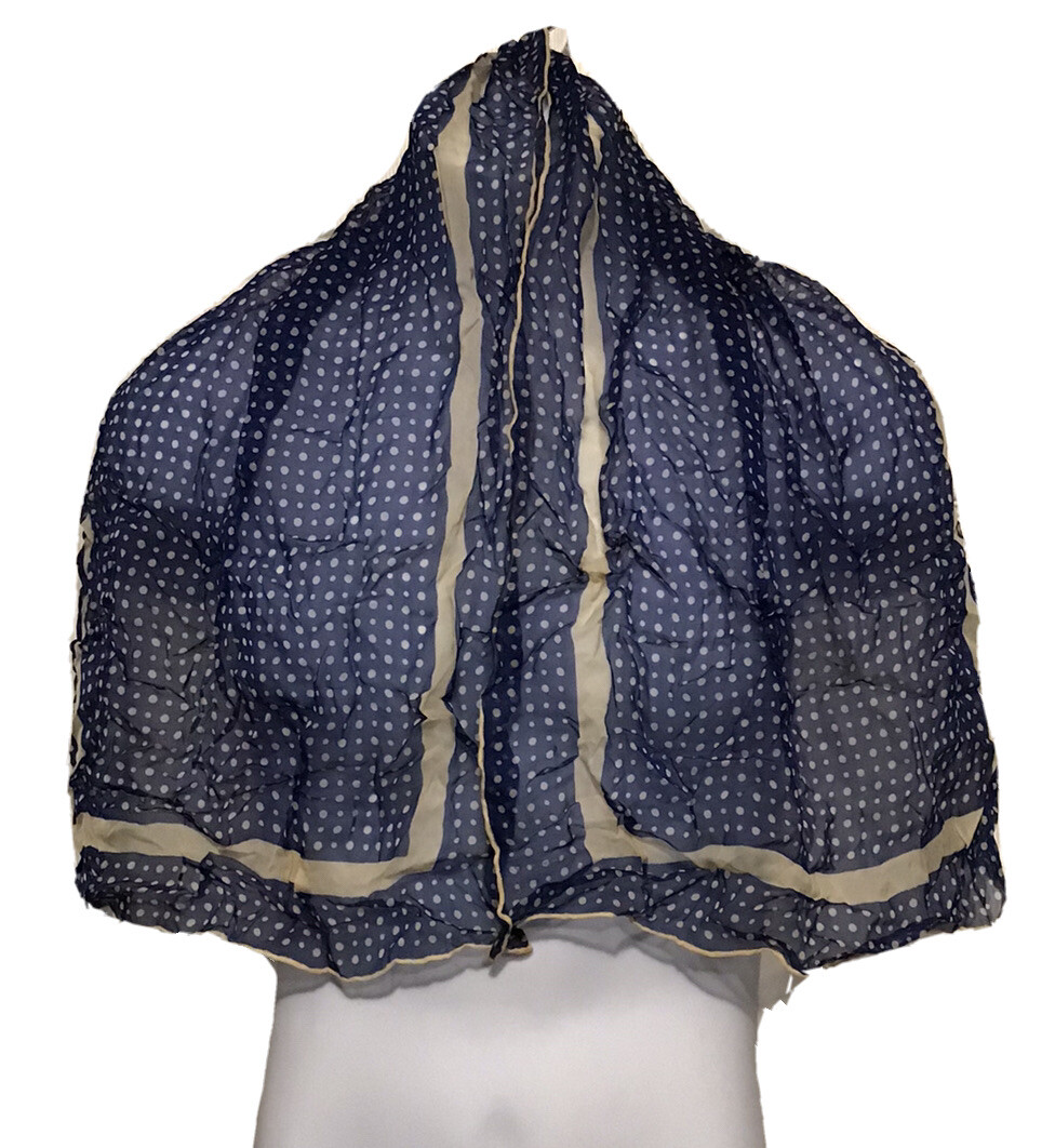 Fashion Scarf Polyester Sheer Blue with Beige Polka Dots 38”x14” Vintage 1960s