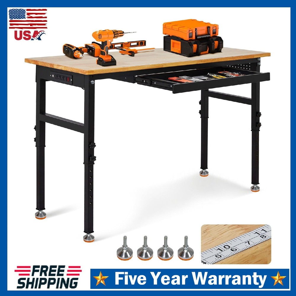 Adjustable Height Workbench 60"x24" Work Bench Table with Power Outlet & Drawers