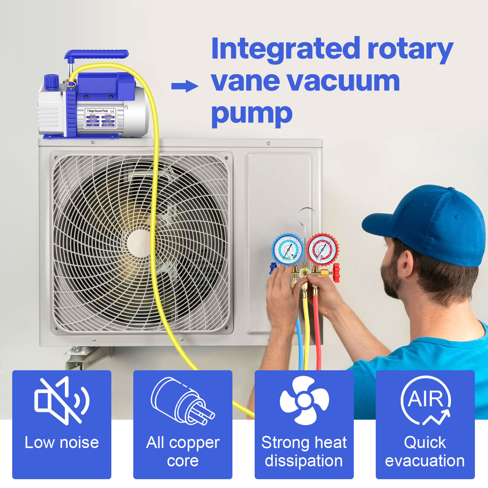 4 CFM 1/3HP Air Vacuum Pump HVAC Manifold Gauge Set AC A/C Refrigeration Kit US