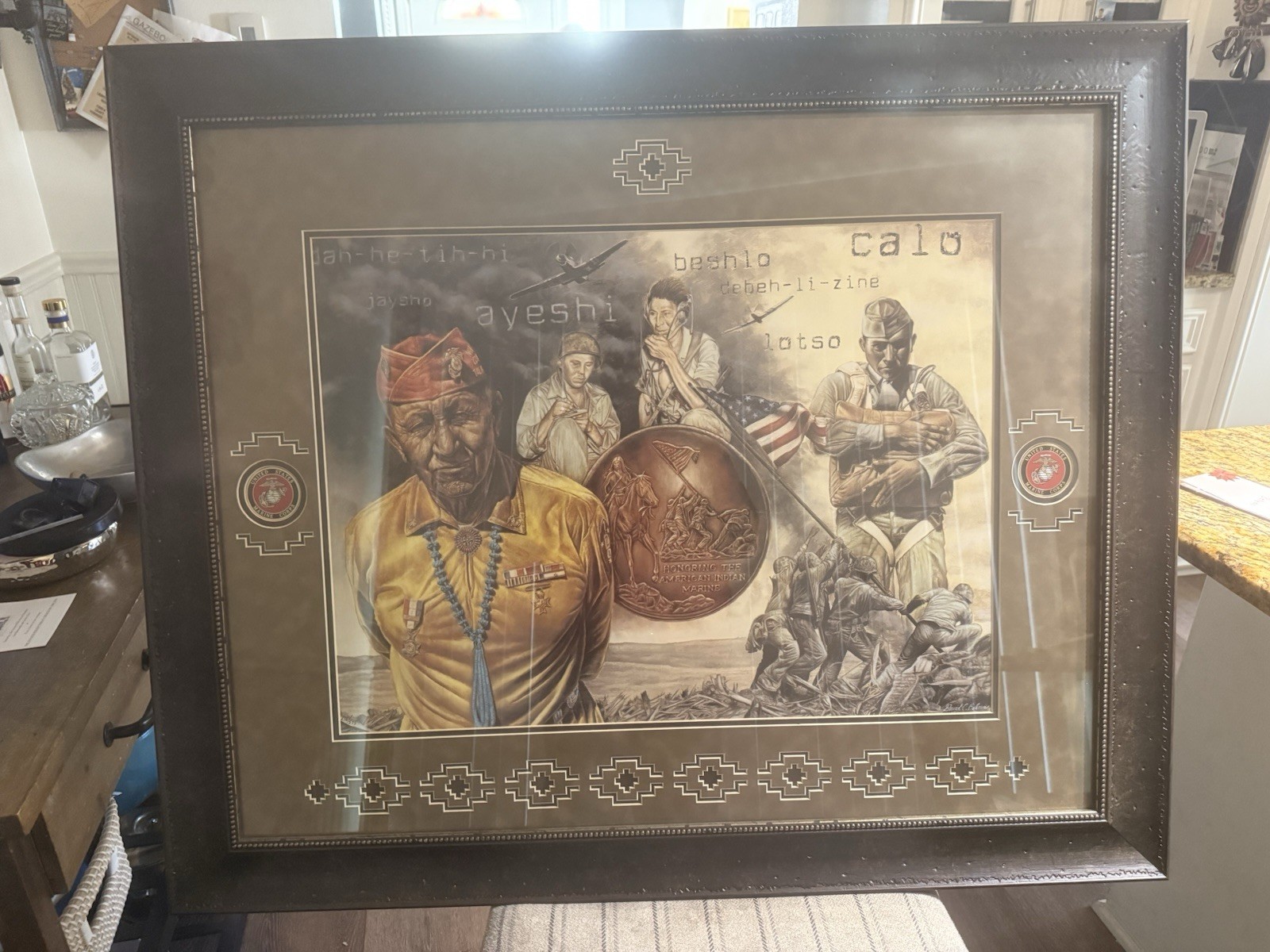 Honoring The American Indian Framed Art Marine Corps David Behrens 32”x38” Glass