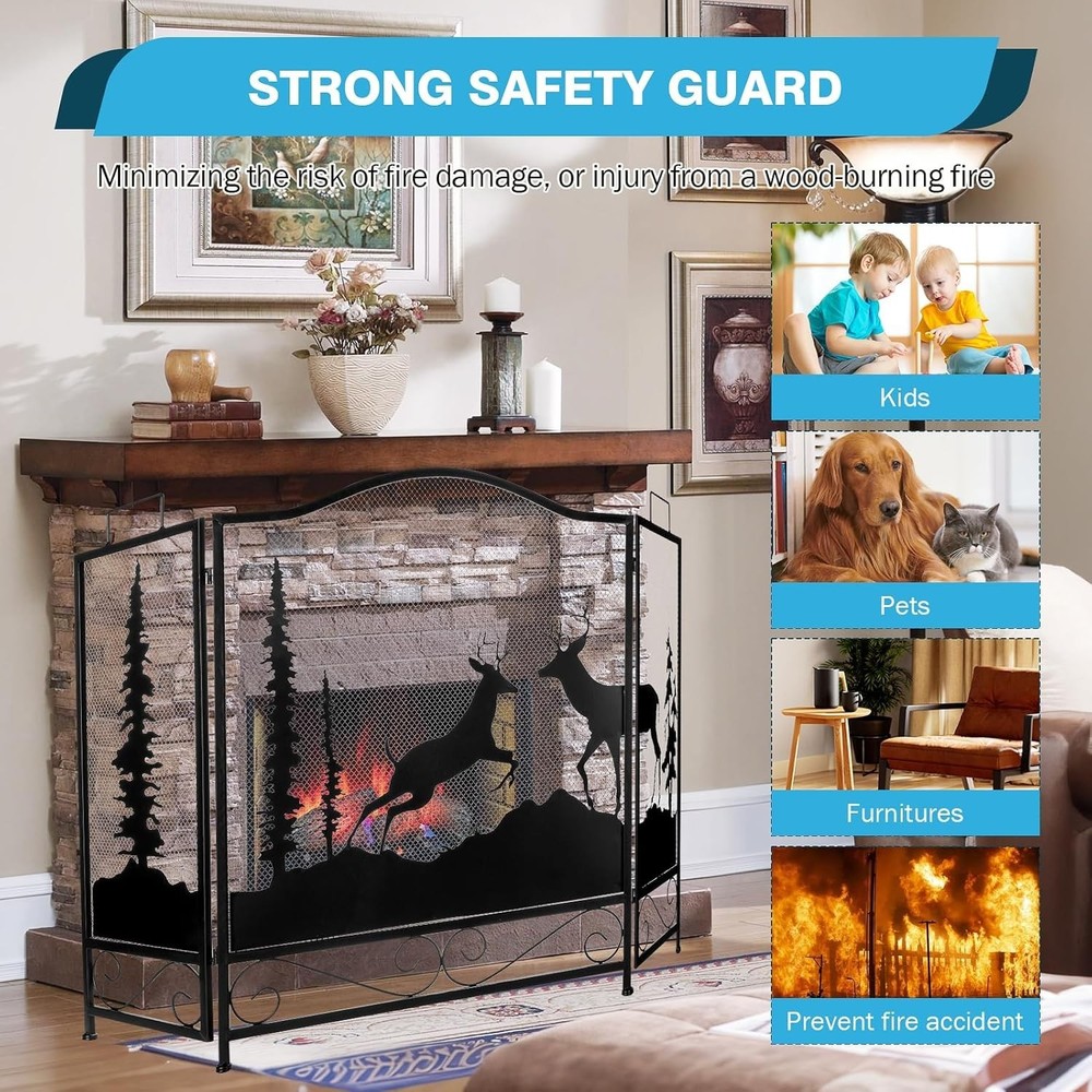 3 Panel Fireplace Screen with Deer Pattern,47.6” x 30.7” Large Folding Firepla..