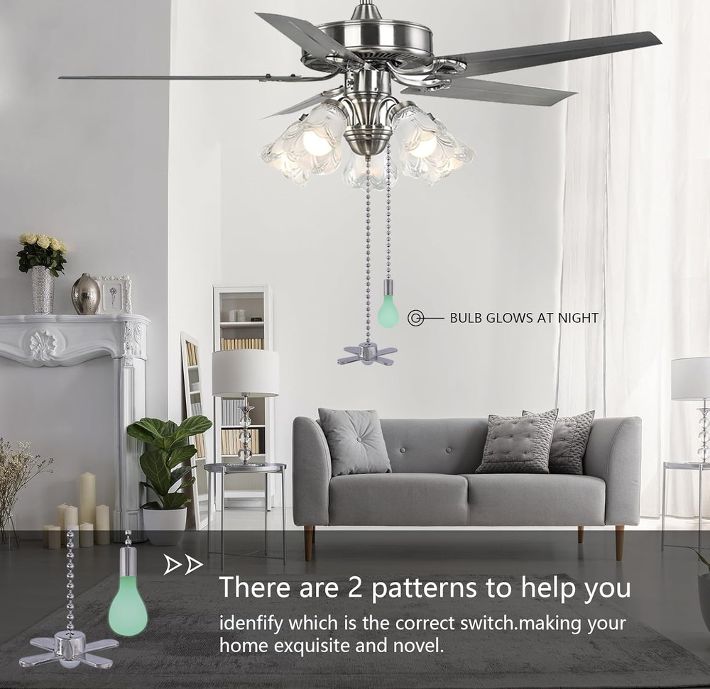 Silver Ceiling Fan Pull Chain Set, 2Pack 3Mm Diameter Beaded Fluorescent Decorat