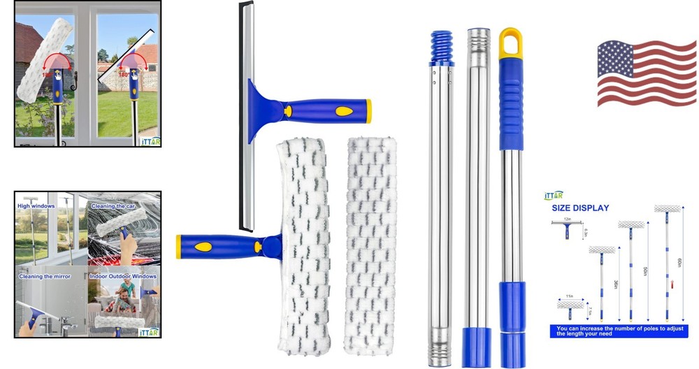 Window Cleaning Made Easy: 60" Extension Squeegee with Rubber Blade & Microfiber