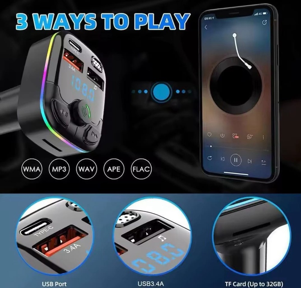 Car Charger FM Transmitter Bluetooth 5.0 PD Type-C Dual USB Ambient Player Hands