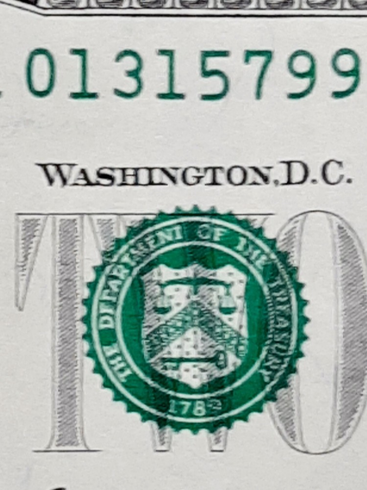 2017 $2 shift error green seal & serial number shifted far up+ misaligned print