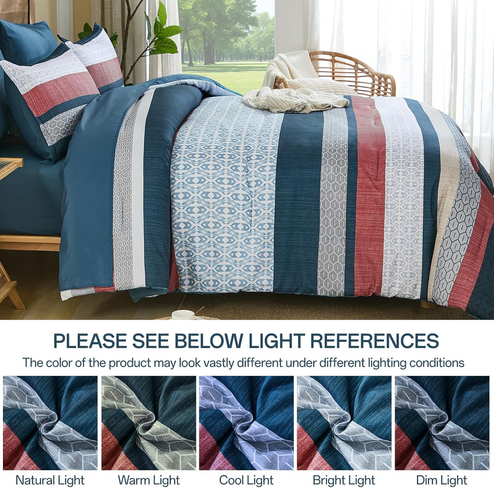 Blue Comforter Set King Size,Boho Striped Bedding Sets Bed in a Bag,7 Pieces Sof