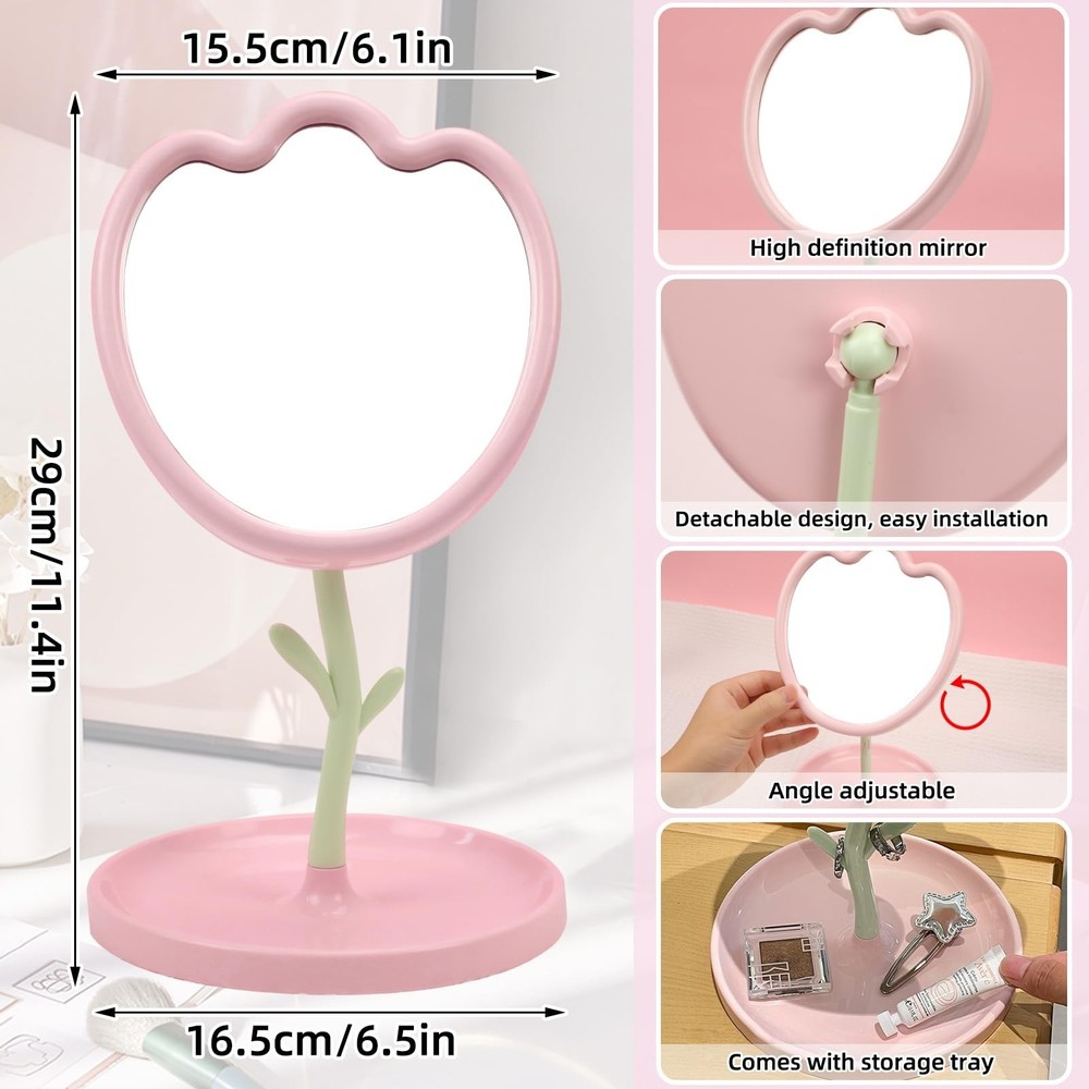 Flower Shaped Desk Mirror with Tray Adjustable Angle Tabletop Vanity Makeup M...
